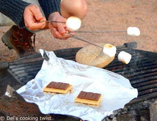 easy camping recipes – s’mores, melting marshmallows over campfire